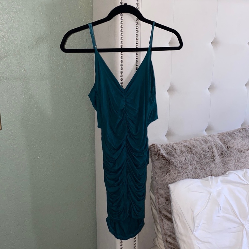 Blue ruched mini dress with keyhole back detail